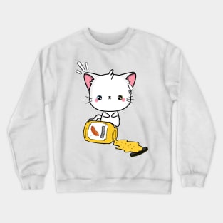 Cute White Angora Cat Spilled a jar of mustard sauce Crewneck Sweatshirt